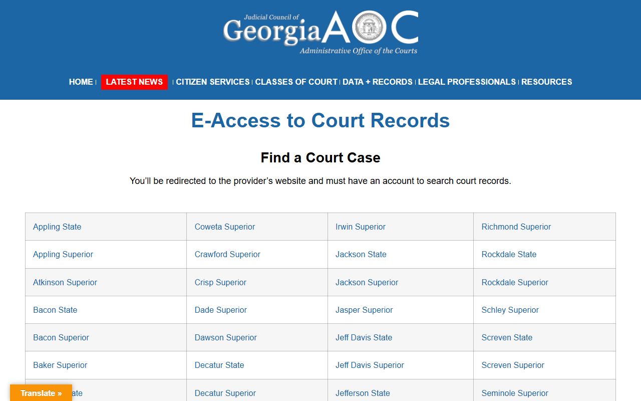 Georgia e-access listing for White Superior Court through PeachCourt