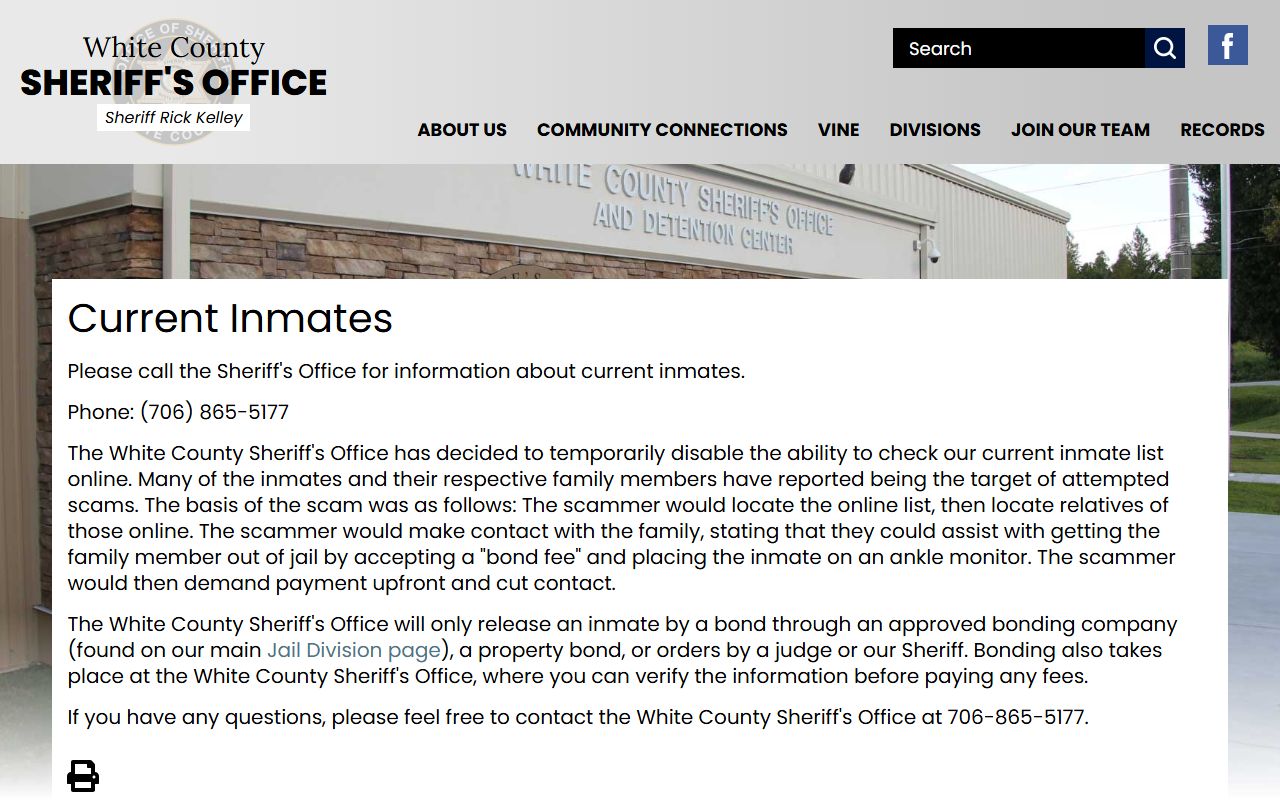 White County current inmate population disabled roster notice