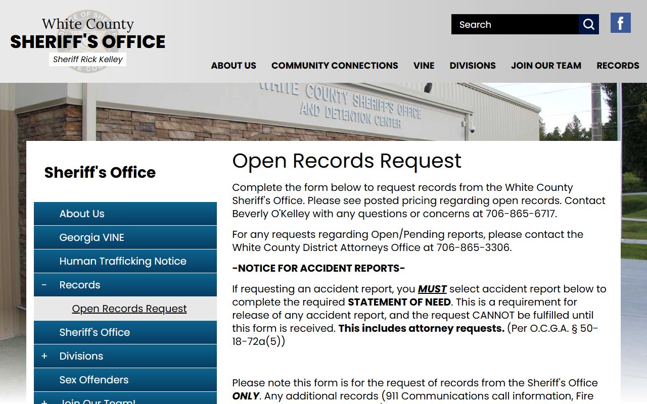 White County inmate booking records open records request form